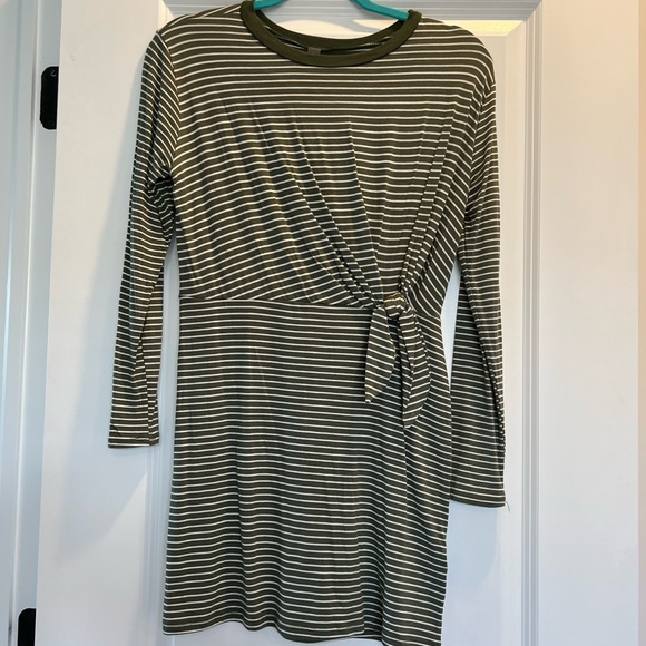 Alya Olive Green & White Long Sleeve Striped Mini Dress with Knot, Size XS - Picture 2 of 5